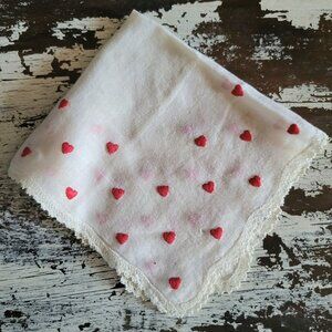 Vtg Valentine Hearts Embroidered Handkerchief Hankie Hanky Love Embroidery *Read